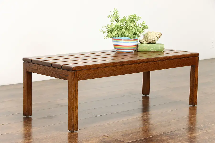 Main image of Oak Slat Top Vintage Midcentury Modern Coffee Table, signed Helikon