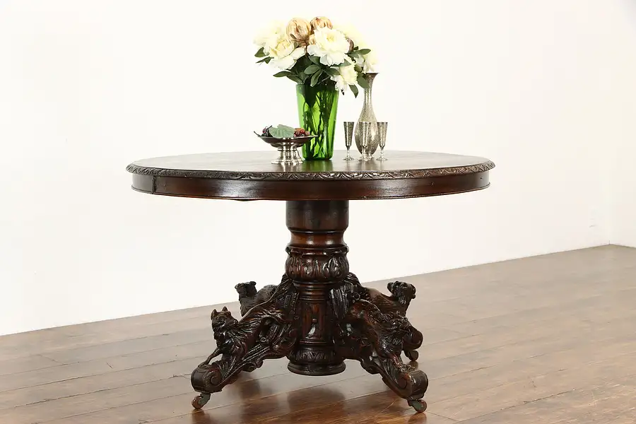 Main image of Oak Black Forest Dining, Hall or Breakfast Table Carved Wolf Dog Fox Boar