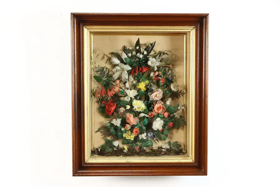 Main image of Victorian Antique Walnut Shadow Box, Wax Floral Memory Wreath 25"