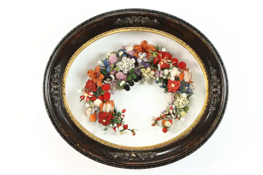 Main image of Victorian Antique Handcrafted Folk Art Wedding Wreath, Wool Yarn Flowers