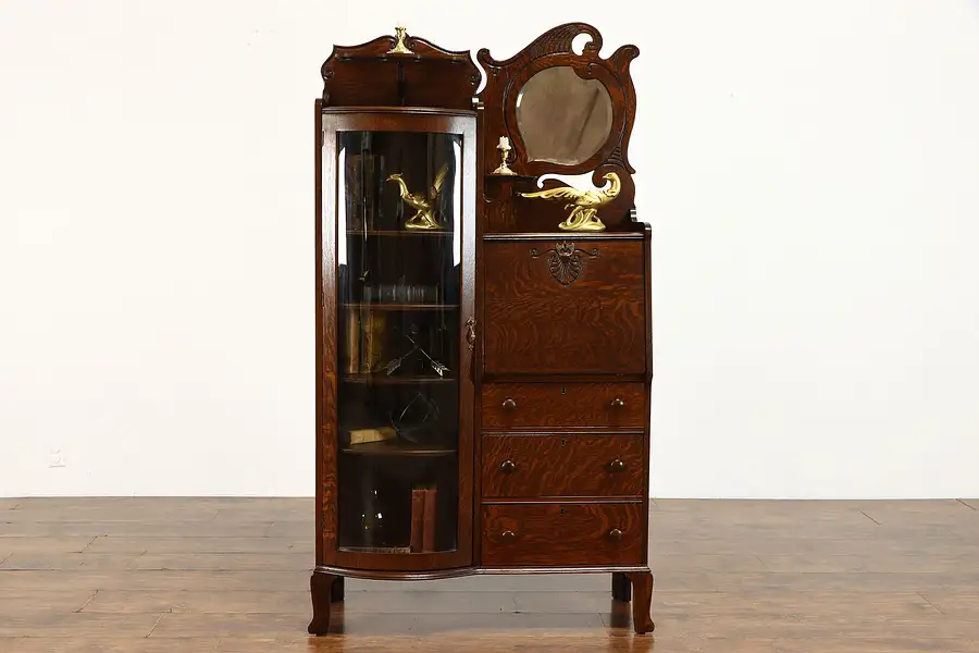 Main image of Victorian Antique Oak Side by Side Secretary, Curved Glass, Sheboygan