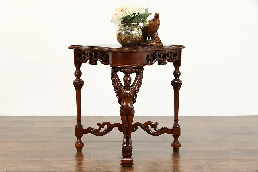 Main image of Walnut Vintage Carved Figural End, Hall or Lamp Table, Signed Amfurnoco