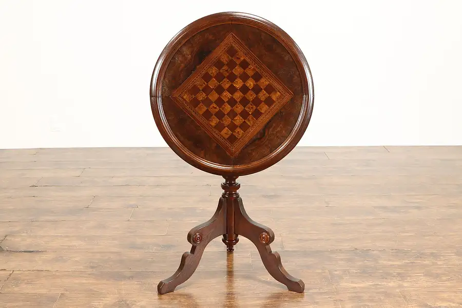 Main image of Victorian Antique Walnut, Burl & Curly Maple Inlaid Chess Game Table