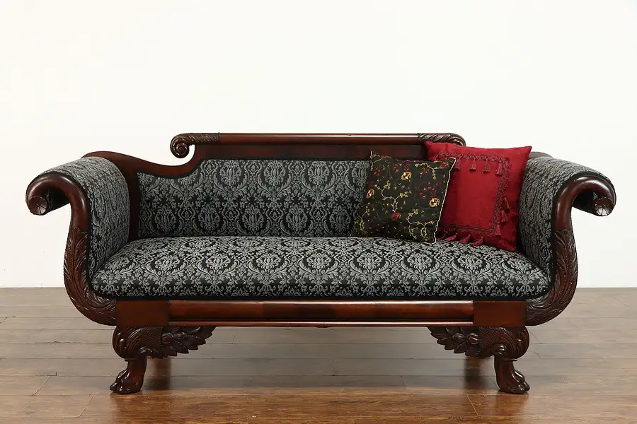 Main image of Empire Antique 1825 Mahogany Sofa, Acanthus Carved, Paw Feet, New Fabric