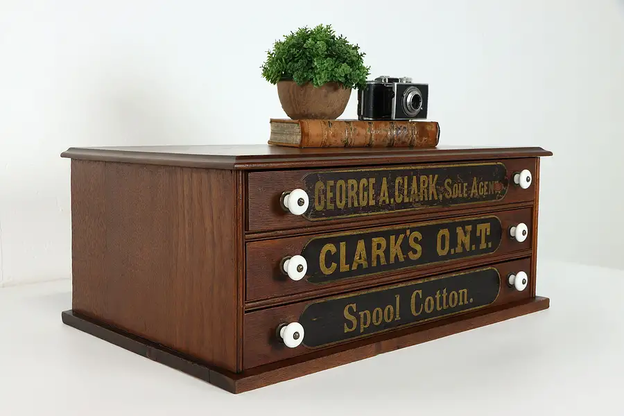 Main image of Victorian Antique Walnut Spool Cabinet, Jewelry, Collector Chest, Clark