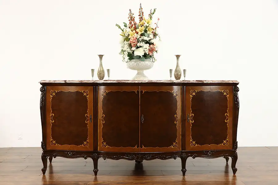 Main image of Italian Marble Top Sideboard Server, Buffet, Bar Cabinet Inlaid Marquetry