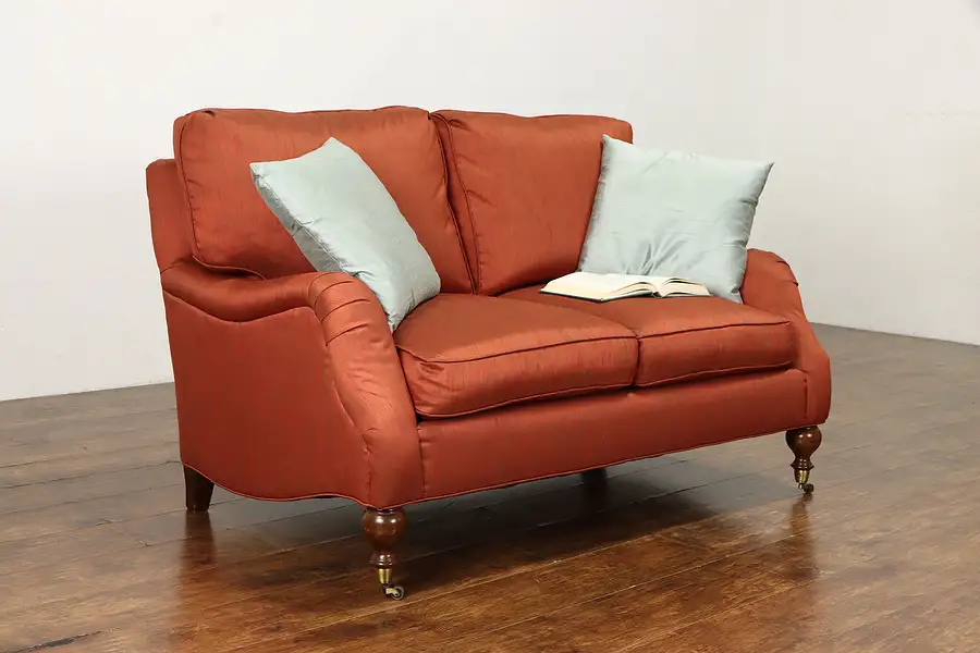 Main image of Red Silk Upholstered Vintage Small Sofa or Loveseat, Signed Sherrill