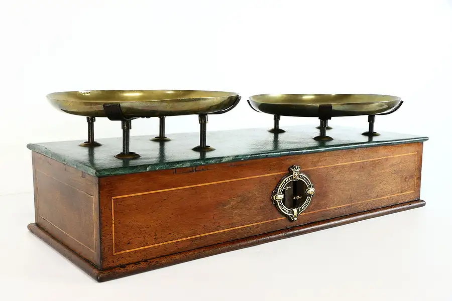 Main image of Brass and Mahogany Antique Balance Scale, Faux Marble, Beranger