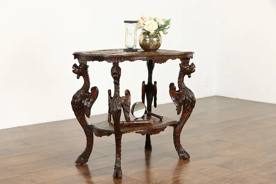 Main image of Italian Antique Hall or Lamp Table, Hand Carved Griffins & Lion Face