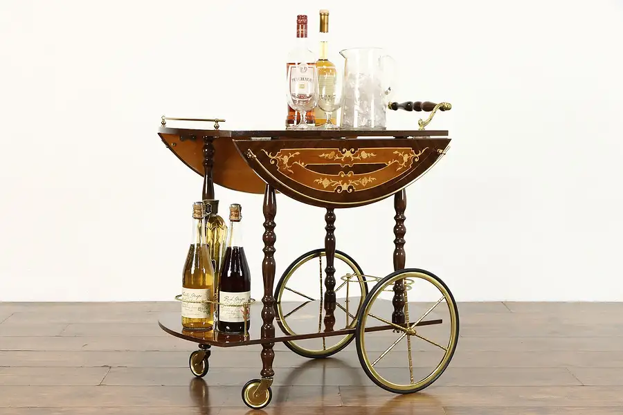 Main image of Italian Vintage Tea Trolley or Bar Cart, Brass Wine Rack Inlaid Marquetry