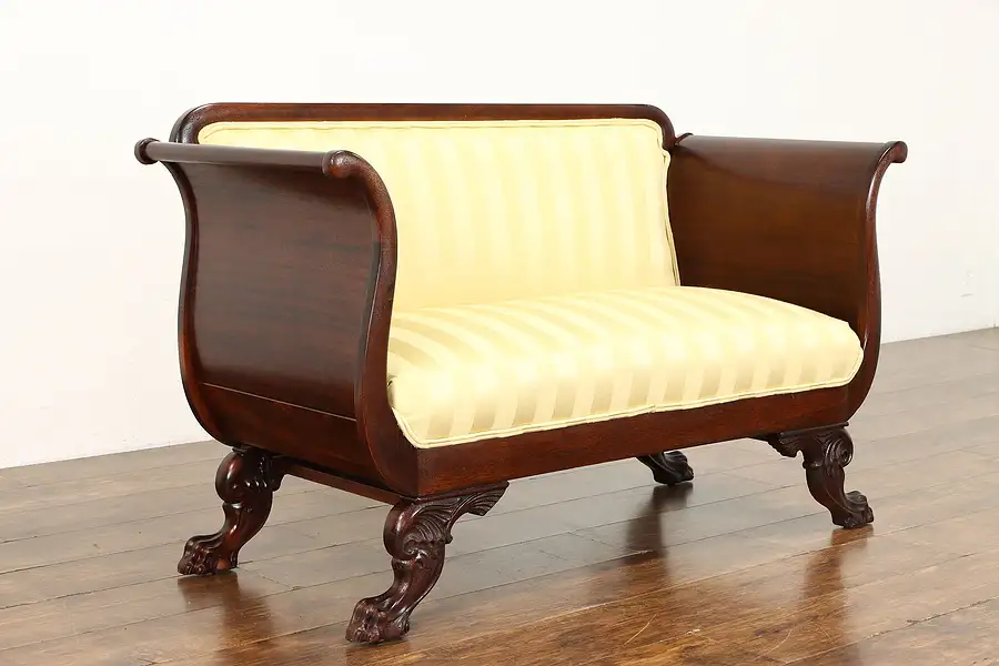 Main image of Empire Antique Mahogany Settee or Loveseat, Paw Feet, New Upholstery