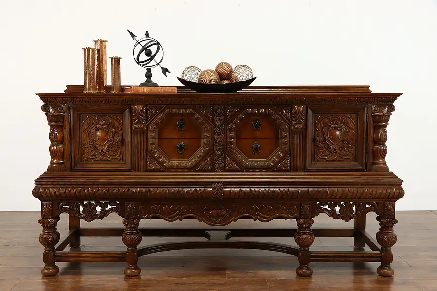 Main image of Renaissance Oak Antique Sideboard Server, Buffet Grape & Crest Carved