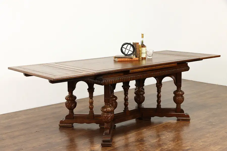 Main image of Renaissance Carved Oak Antique Dining or Library Table, Extends 8 1/2'