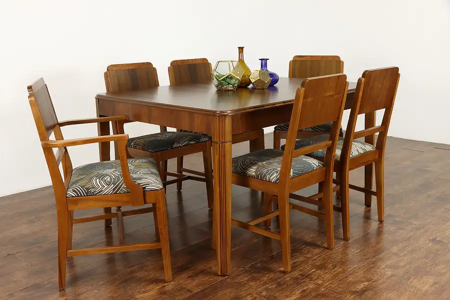 Main image of Art Deco Vintage Walnut Dining Set, Table, 6 Chairs, New Upholstery