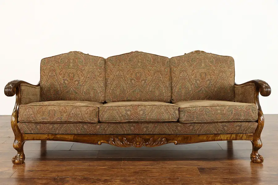 Main image of Traditional Vintage Carved Birch Scandinavian Sofa, Ball & Claw Feet