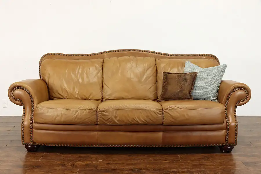 Main image of Large Brown Vintage Natural Leather Sofa, Brass Nailhead Trim