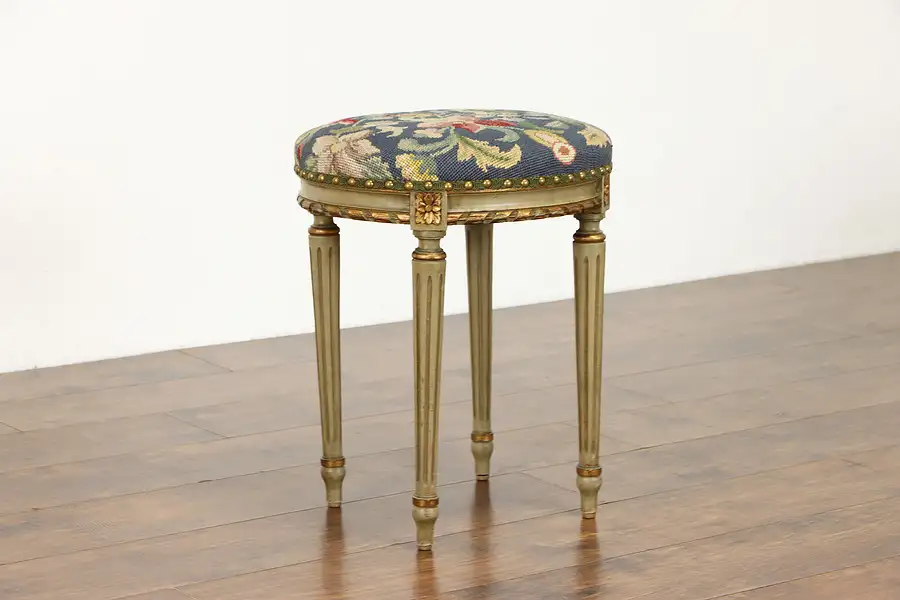 Main image of Painted Louis XVI Antique Oval Gilt Stool Needlepoint Upholstery, Colby