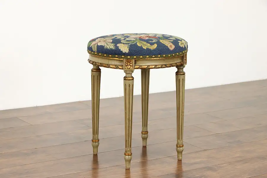 Main image of Painted Louis XVI Antique Oval Gilt Stool Needlepoint Upholstery, Colby