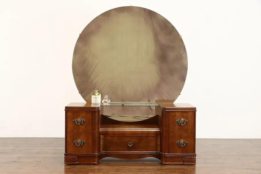 Main image of Art Deco Waterfall Design Vintage Walnut Vanity, Mirror, Bakelite Pulls