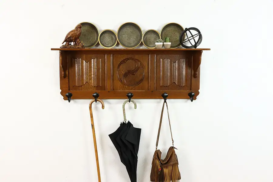 Main image of Gothic Carved Oak Antique Hall or Bath Hat & Coat Rack, Iron Hooks