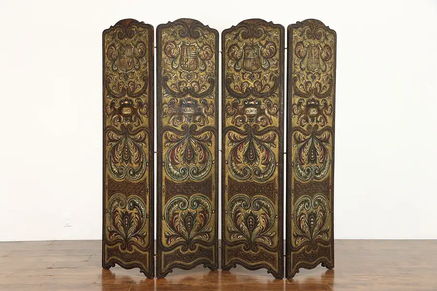 Main image of Spanish Colonial Antique Embossed 4 Panel Hand Painted Leather Screen