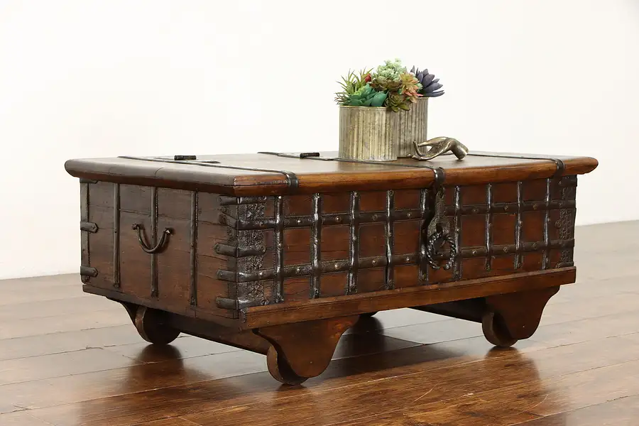 Main image of Asian Teak Marriage or Dowry Trunk, Blanket Chest, Coffee Table, Wheels