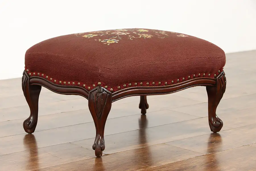 Main image of Farmhouse Vintage Carved Vintage Mahogany Footstool, Old Needlepoint