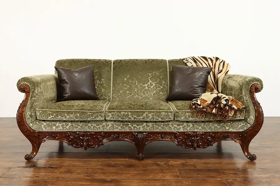 Main image of Green Mohair Traditional Vintage Carved Mahogany Scandinavian Sofa