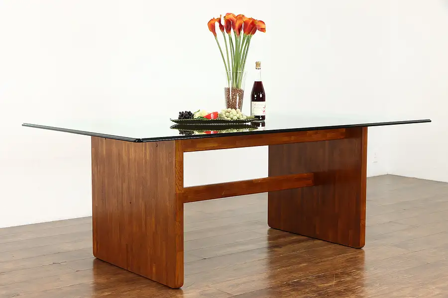 Main image of Midcentury Modern Vintage Glass Top Teak Dining Table or Library Desk