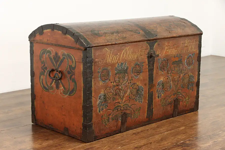 Main image of Swedish Immigrant Farmhouse Pine Trunk Hand Painted & Signed 1861