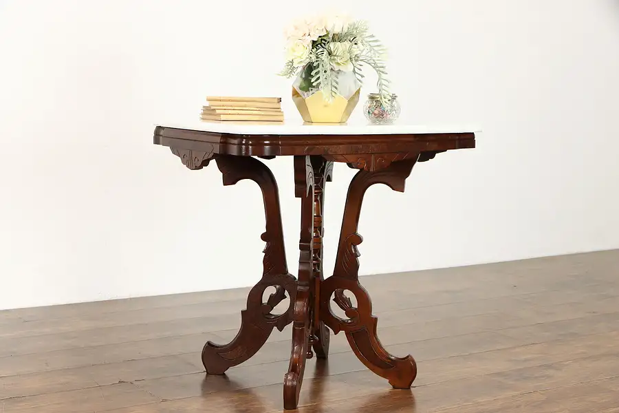 Main image of Victorian Eastlake Antique Walnut Parlor Lamp Table Marble Top