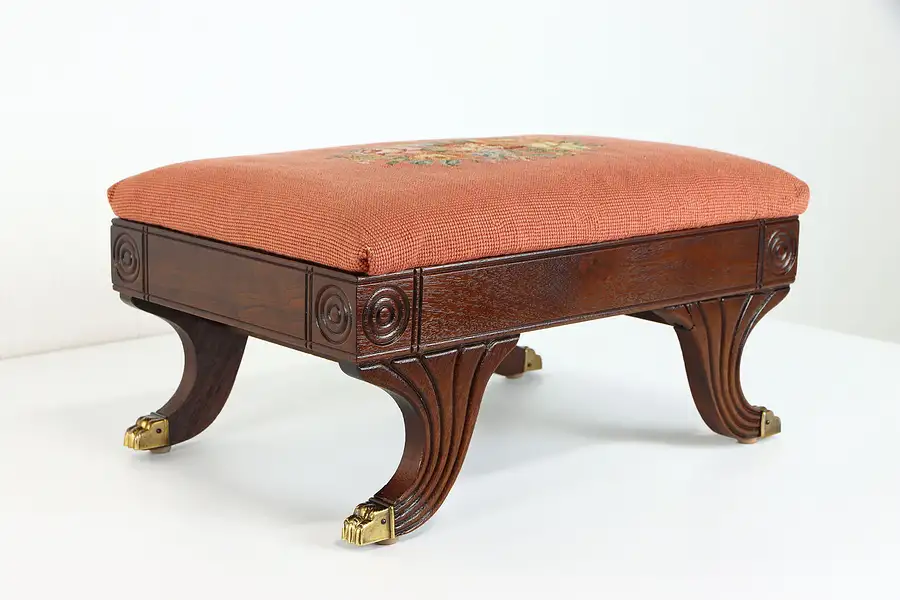 Main image of Sheraton Carved Mahogany Antique Needlepoint Footstool, Ferguson