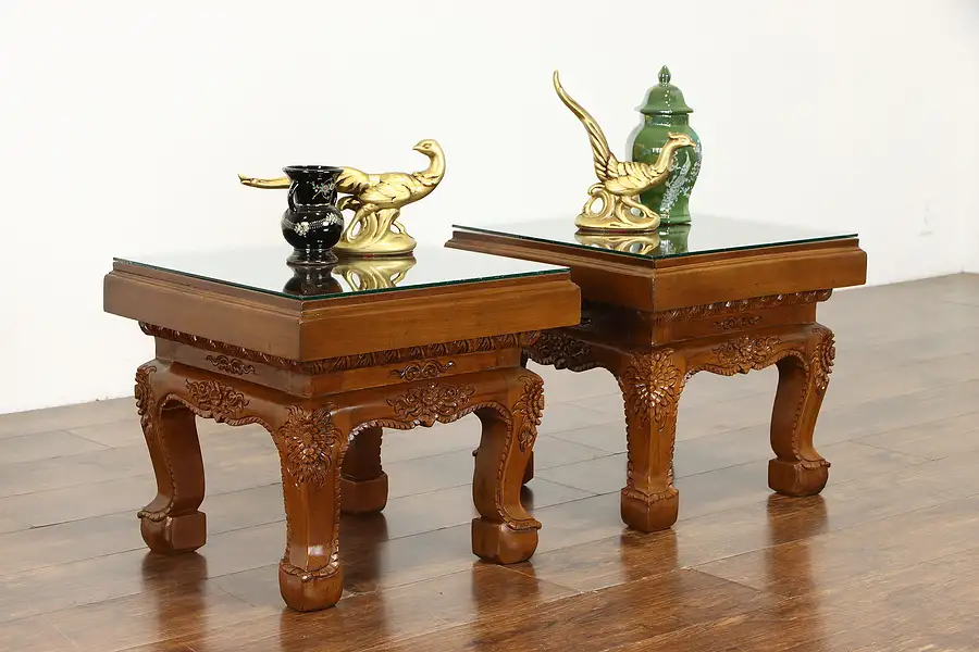 Main image of Pair of Vintage Elephant Carved Teak Glass Top End or Lamp Tables