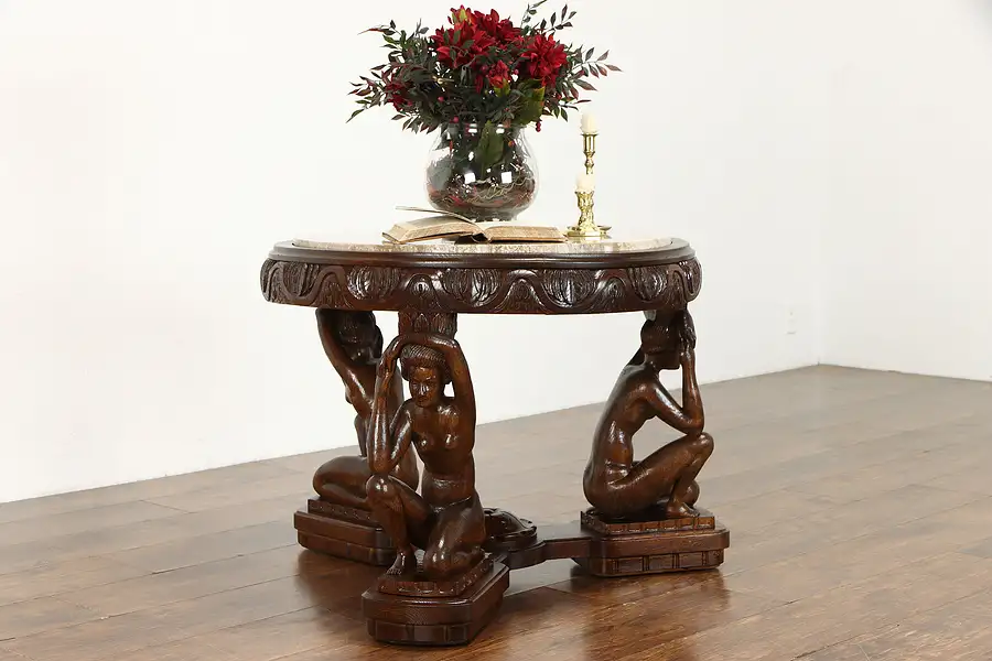 Main image of Art Deco Antique Hall, Coffee or Lamp Table, Carved Sculptures Marble Top