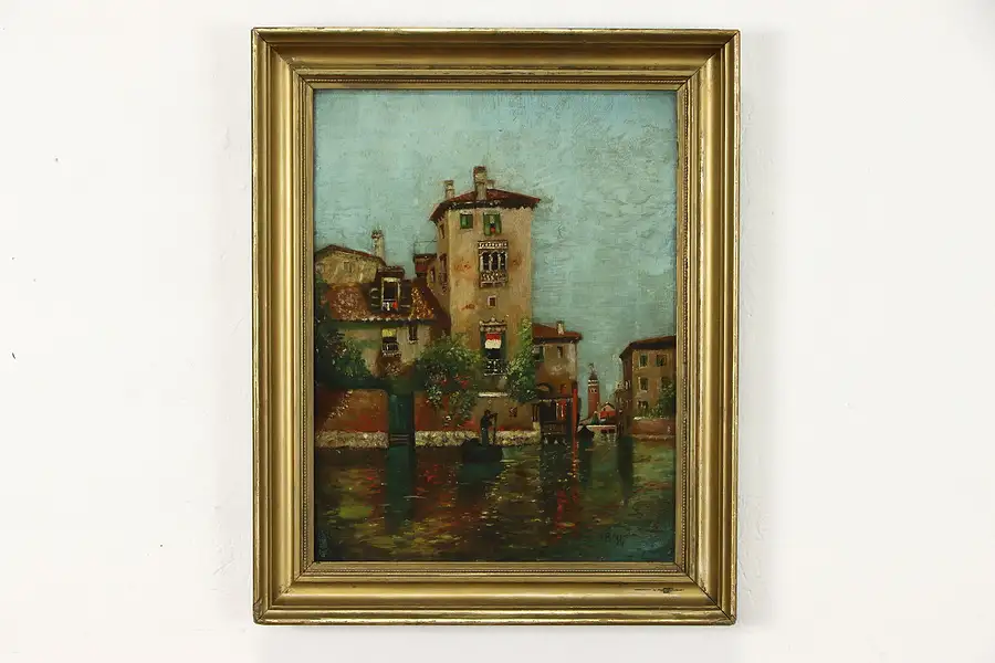 Main image of Venice Canal Scene Original Antique Oil Painting 1904 Appleton 22.5"