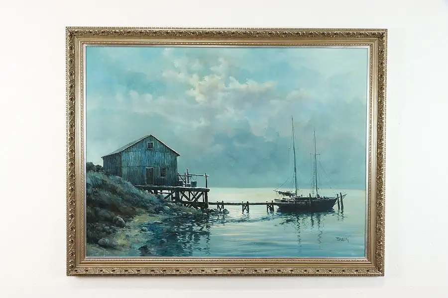 Main image of Fishing Shack & Boat Vintage Original Oil Painting, Braun 54.5"