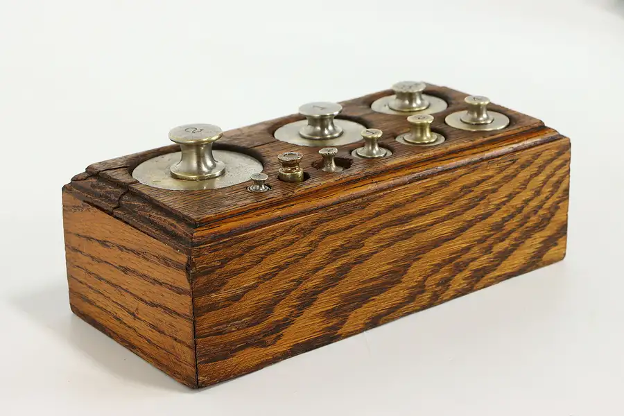 Main image of Brass Antique Scale Weight Set, Oak Box