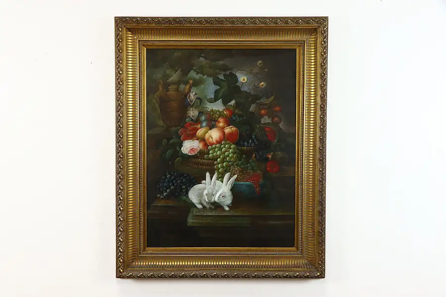 Main image of Still Life of Fruit & Rabbits Original Vintage Oil on Canvas, Bernard 52"