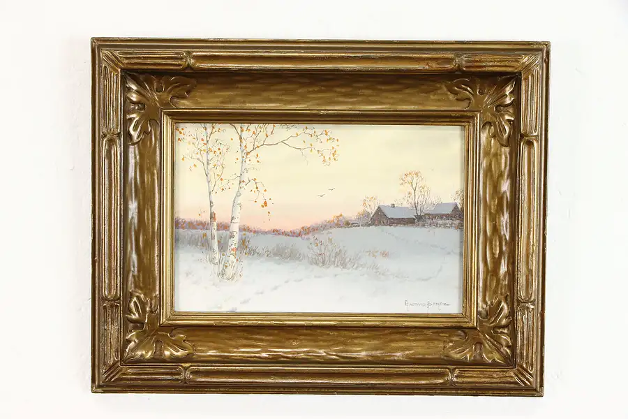 Main image of Snow Scene with Farm Original Antique Watercolor Painting, Sether 16.5"