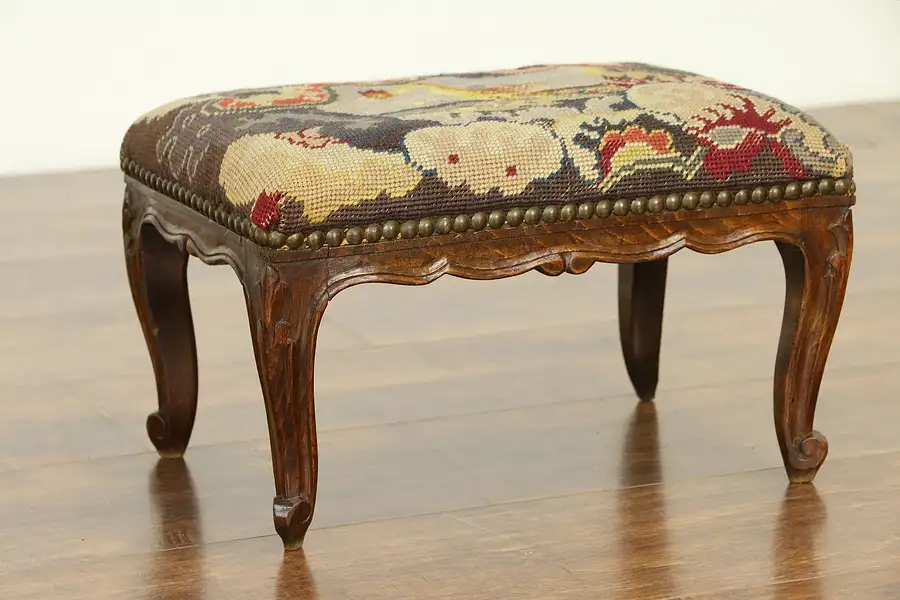 Main image of French Antique Hand Carved Footstool, Old Needlepoint Upholstery, Colby