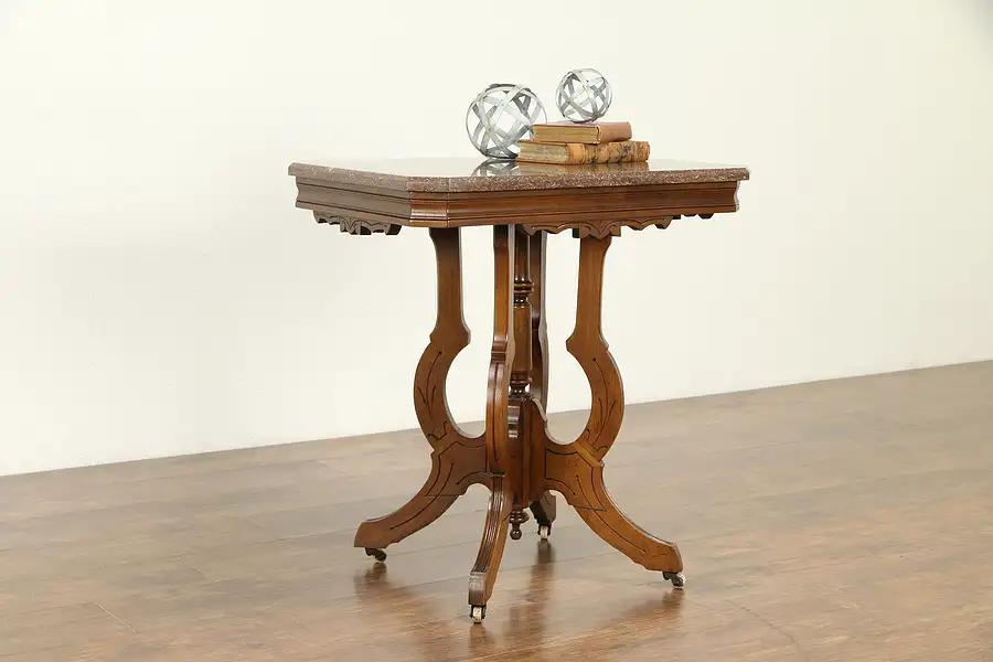 Main image of Victorian Antique Walnut Lamp or Parlor Table, Red Marble Top