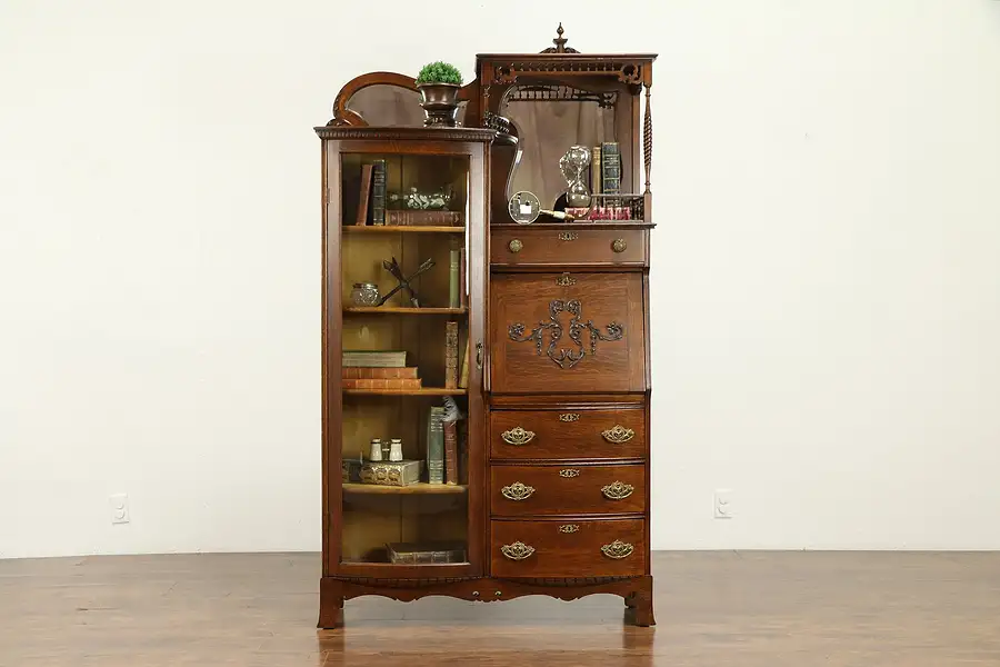 Main image of Victorian Antique Oak Side by Side Secretary Desk & Bookcase