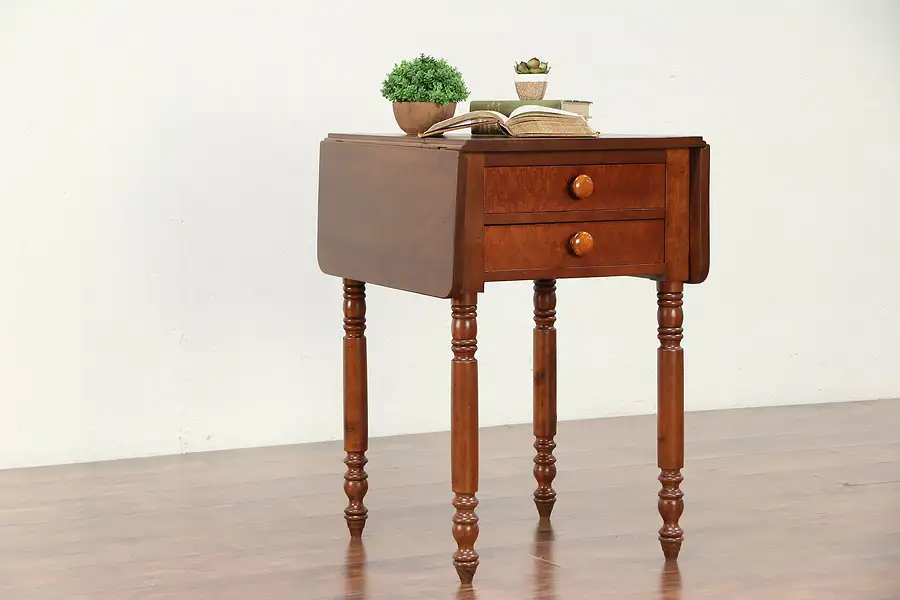 Main image of Cherry & Curly Maple Antique Pembroke Drop Leaf Lamp Table or Nightstand