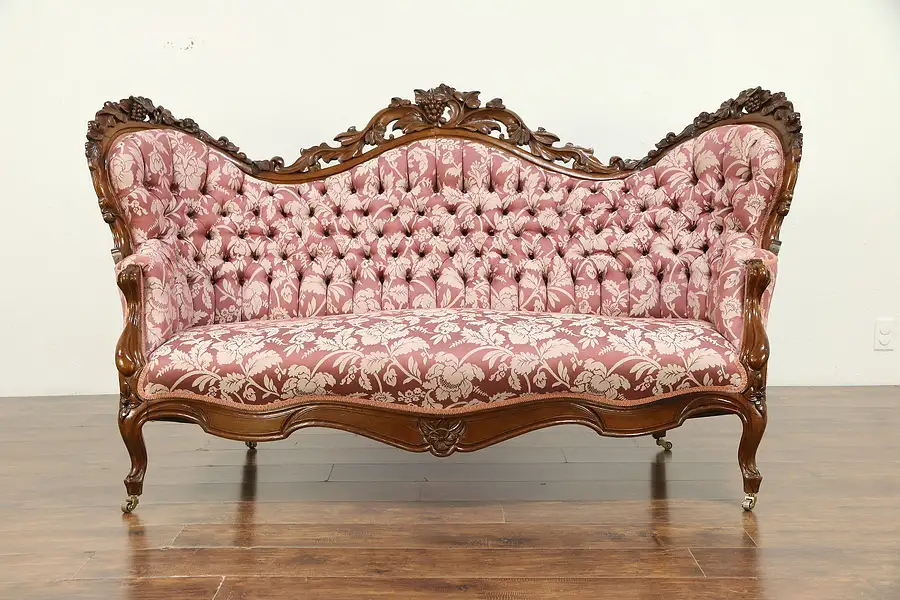 Main image of Victorian Antique 1860 Walnut Tufted Sofa, Carved Grapes