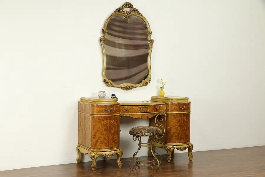 Main image of French Style Vintage Satinwood Vanity or Dressing Table & Mirror