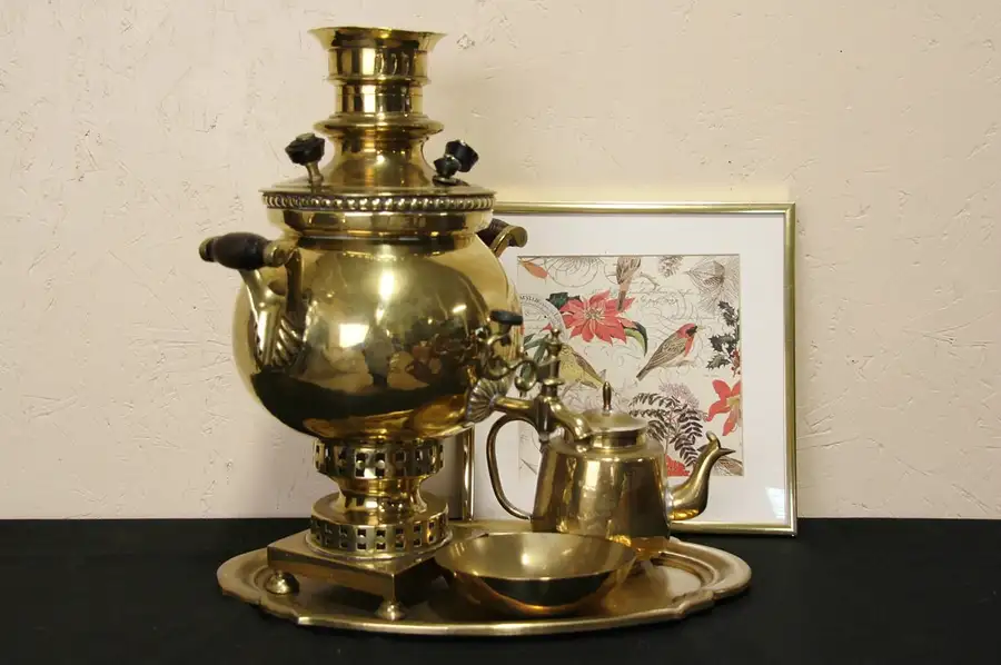 Main image of Russian 1900 Antique Samovar, Tea Pot, Sugar & Tray Set