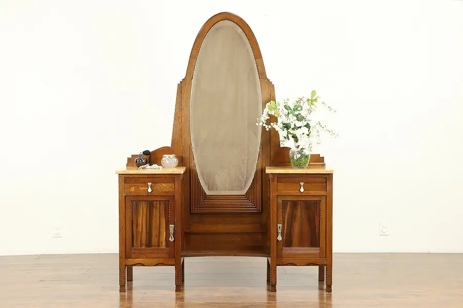 Main image of Oak French Art Deco Antique Vanity or Dressing Table, Beveled Mirror