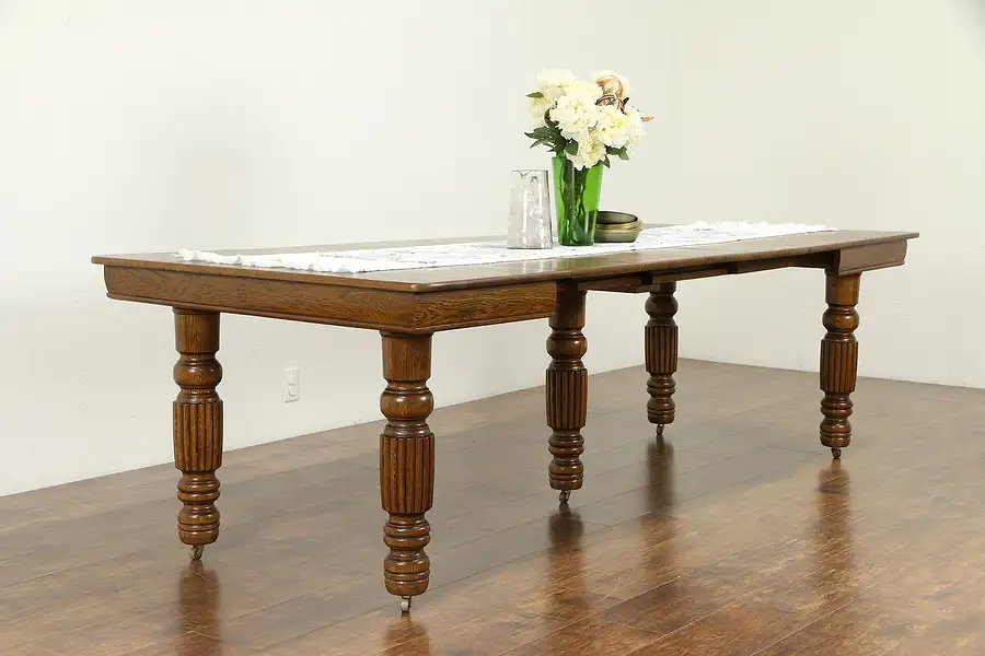 Main image of Victorian Antique Square Oak Dining Table, 5 Leaves, Extends 99"