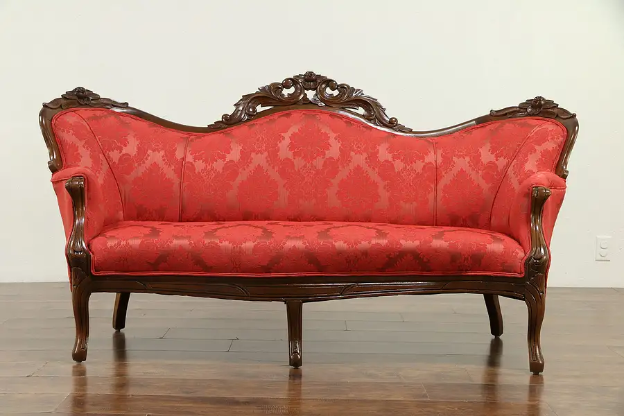 Main image of Victorian Antique Rose Carved Walnut Loveseat, New Upholstery