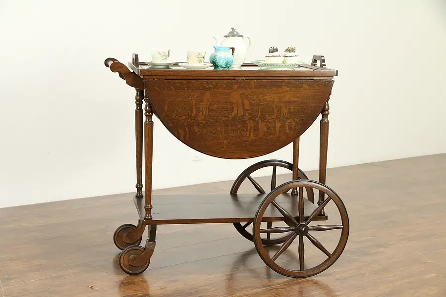 Main image of Oak Antique Bar Cart, Tea, Beverage & Dessert Trolley, Glass Tray